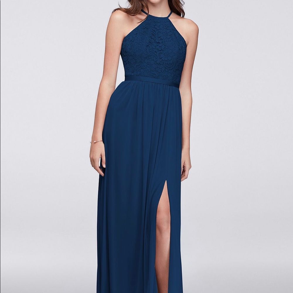 Open-Back Lace and Mesh Bridesmaid Dress (Marine)
